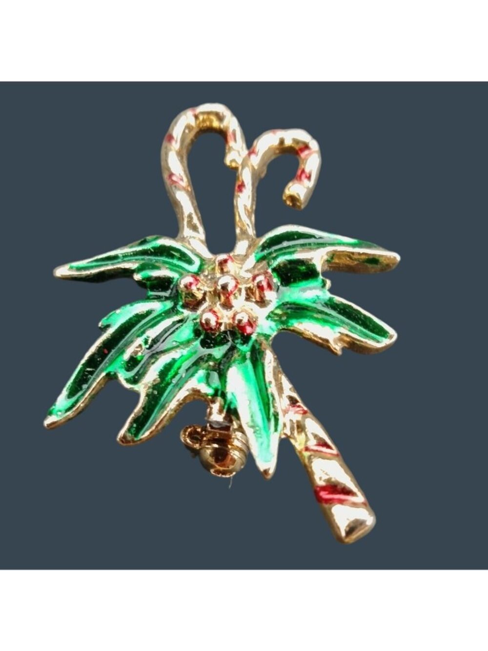 Christmas Candy Cane Pin Brooch Holly Berry Vintage Holiday Jewelry Gold Enamel - Picture 1 of 5